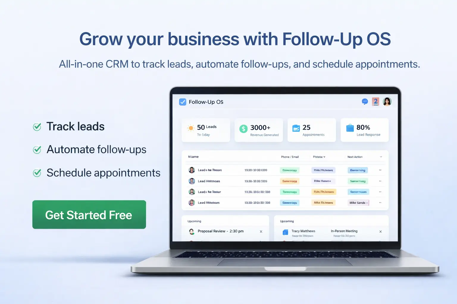 Follow-Up OS dashboard showing lead stages, quote status, follow-up activity, and jobs won